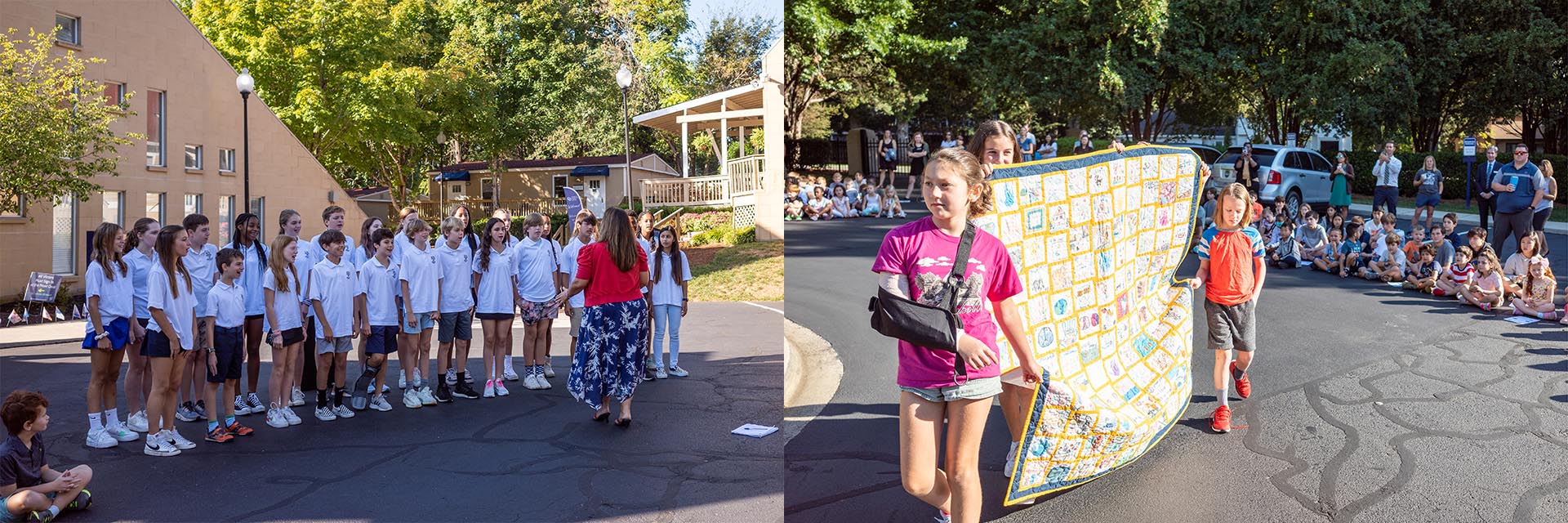 Student choir singing while students carry a quilt