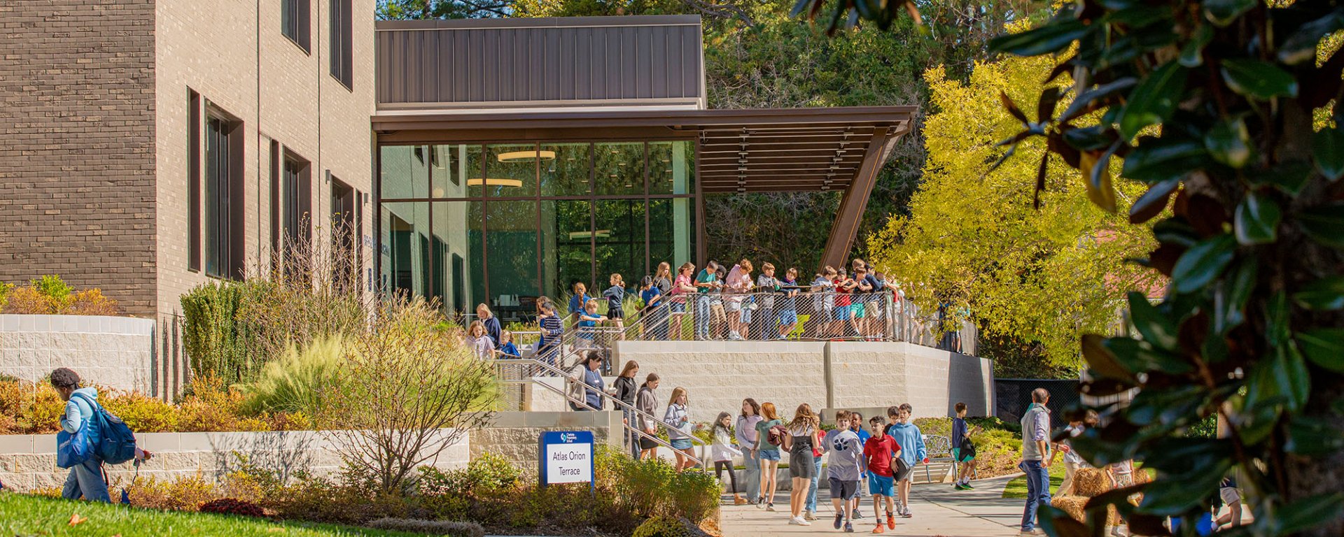 Students walking through campus outside